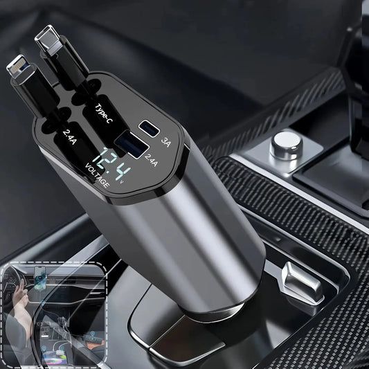 120W 4-in-1 Retractable Car Charger with Fast Charging USB Type C