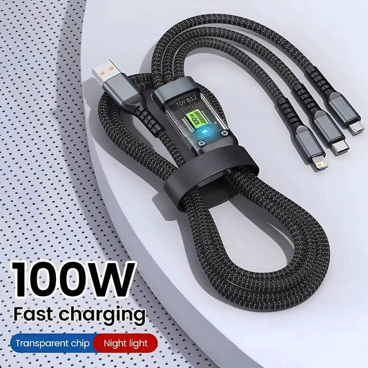 3-in-1 USB Fast Charging Cable - 100W USB A, Type-C, and Micro
