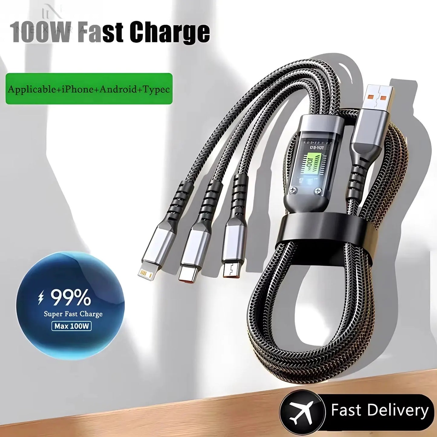 3-in-1 USB Fast Charging Cable - 100W USB A, Type-C, and Micro