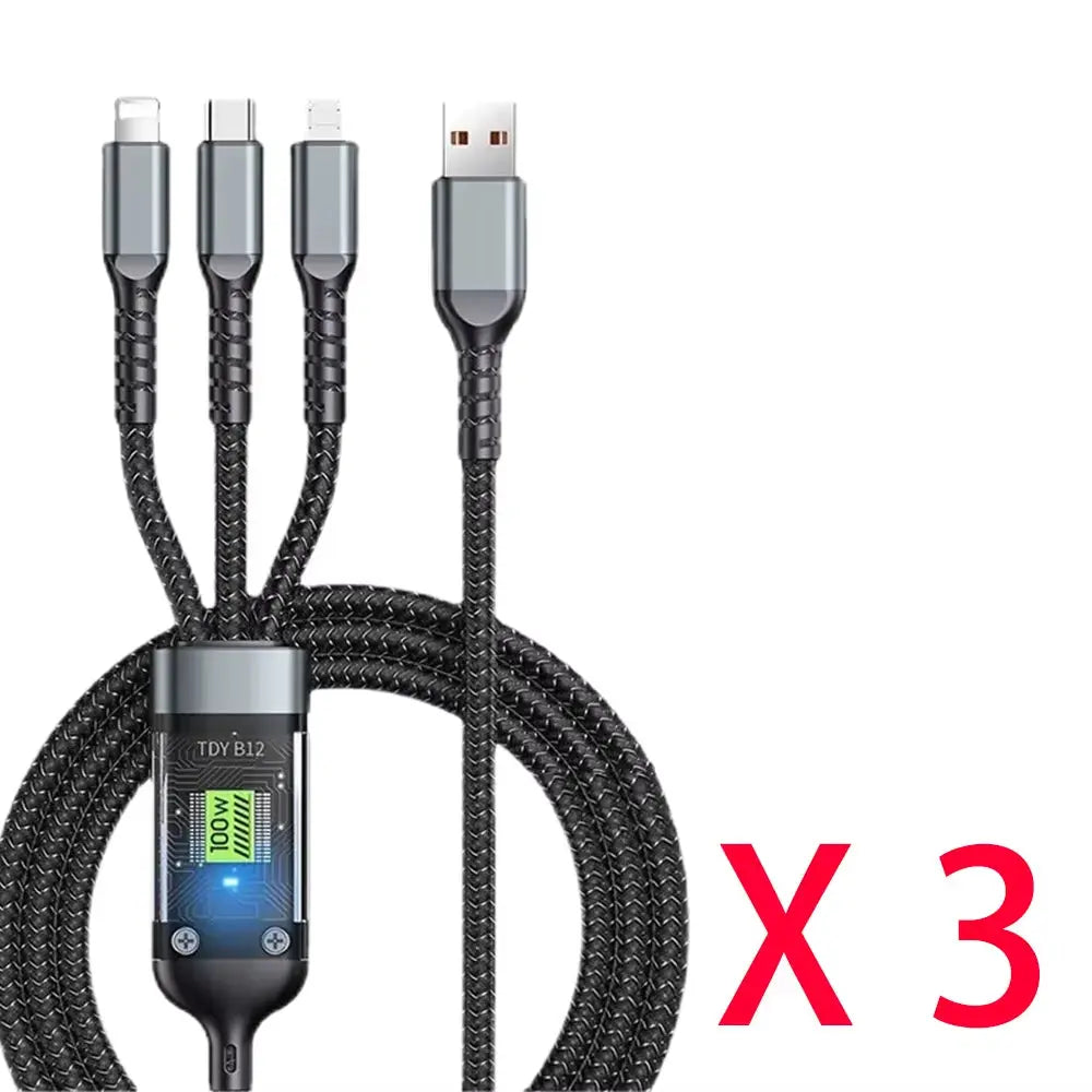 3-in-1 USB Fast Charging Cable - 100W USB A, Type-C, and Micro