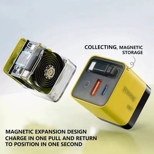 80W MAX GaN Fast Charger with Retractable Type-C Cable and Dual USB Ports
