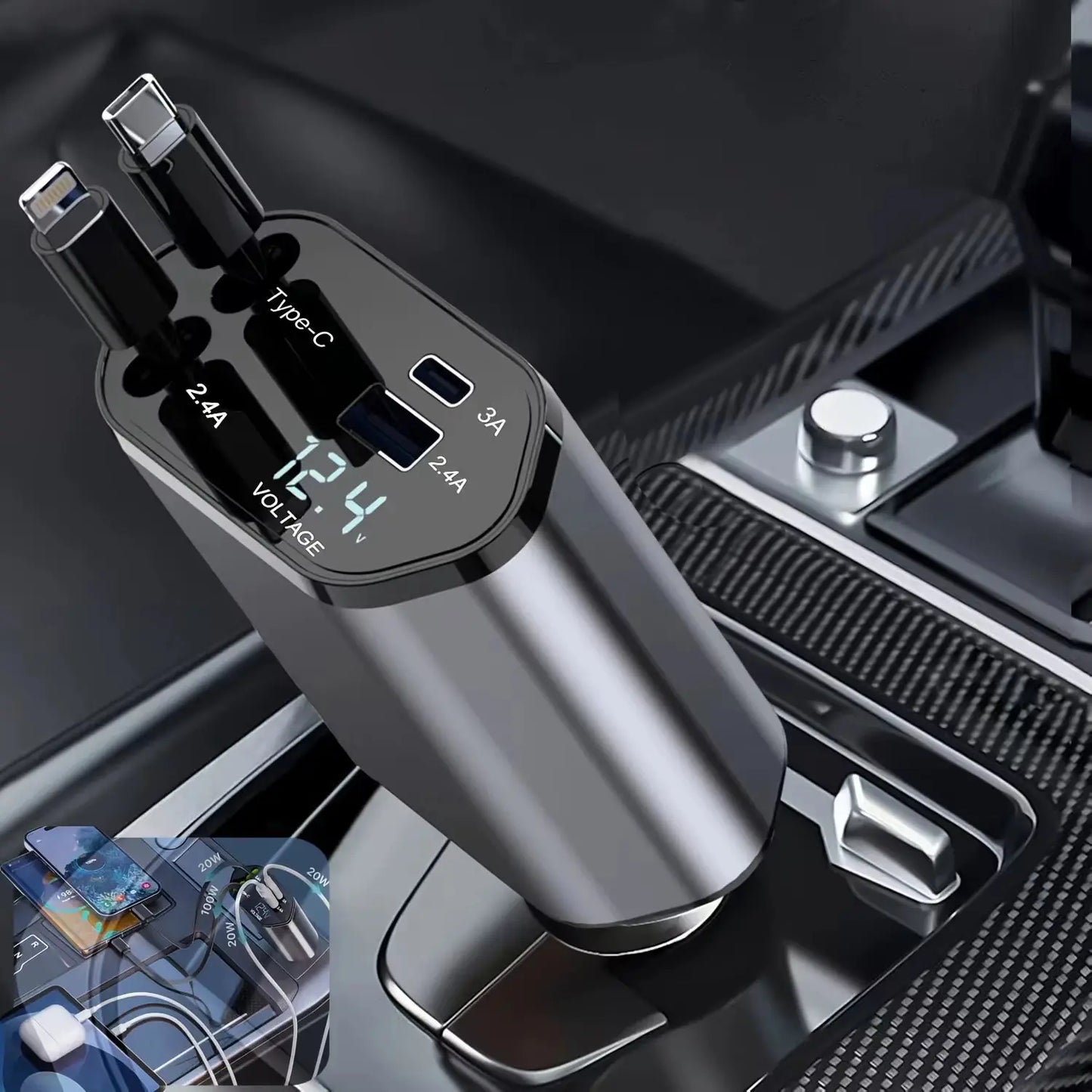 120W 4-in-1 Retractable Car Charger with Fast Charging USB Type C 