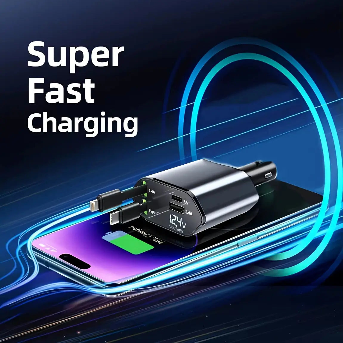 120W 4-in-1 Retractable Car Charger with Fast Charging USB Type C 