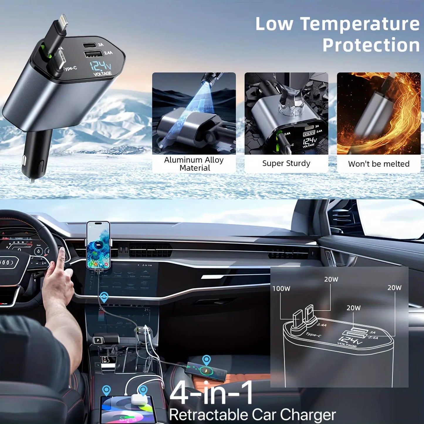 120W 4-in-1 Retractable Car Charger with Fast Charging USB Type C 