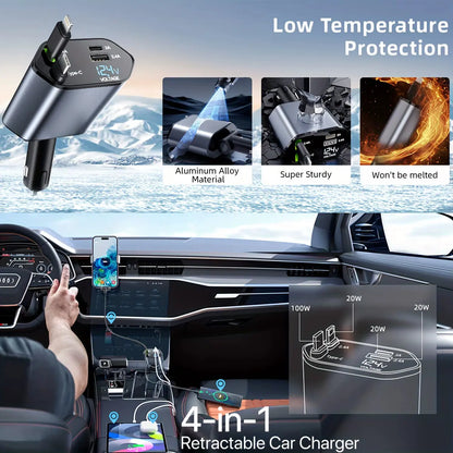 120W 4-in-1 Retractable Car Charger with Fast Charging USB Type C 