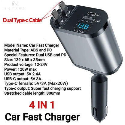 120W 4-in-1 Retractable Car Charger with Fast Charging USB Type C 