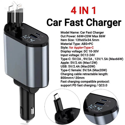 120W 4-in-1 Retractable Car Charger with Fast Charging USB Type C 