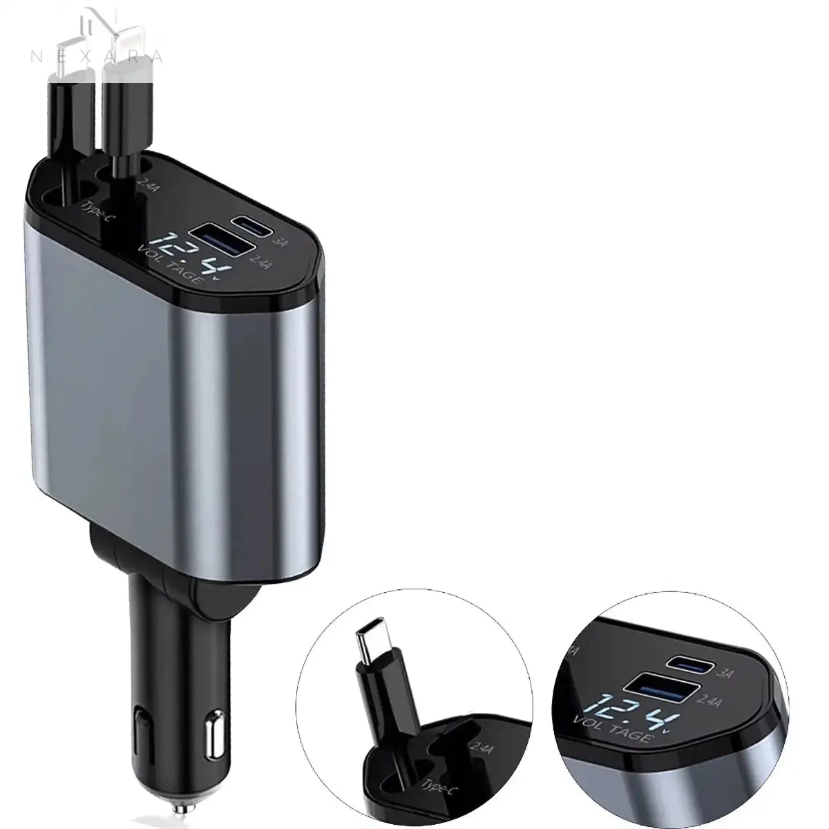 120W 4-in-1 Retractable Car Charger with Fast Charging USB Type C 