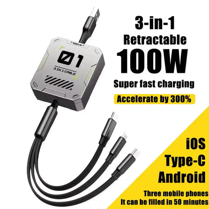 3-in-1 Retractable USB Cable with 60W Fast Charging for Type C, Lightning, and Micro USB Devices - Compatible with iPhone, Huawei, and Xiaomi 