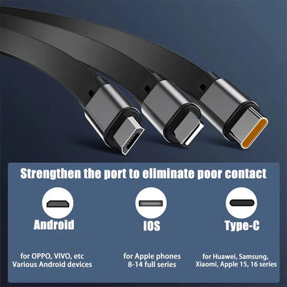 3-in-1 Retractable USB Cable with 60W Fast Charging for Type C, Lightning, and Micro USB Devices - Compatible with iPhone, Huawei, and Xiaomi 