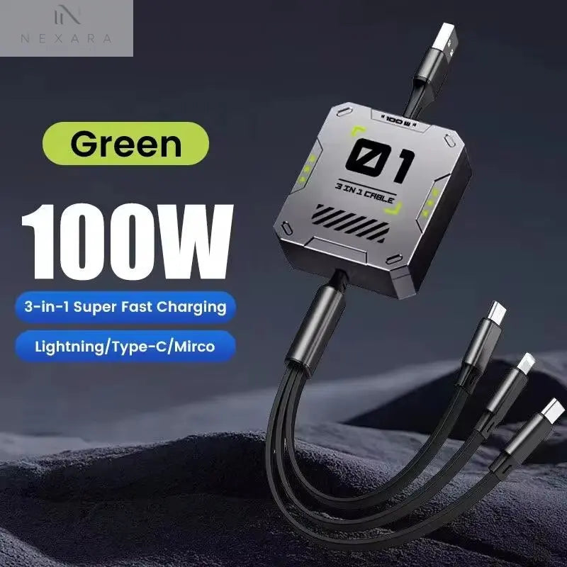 3-in-1 Retractable USB Cable with 60W Fast Charging for Type C, Lightning, and Micro USB Devices - Compatible with iPhone, Huawei, and Xiaomi 