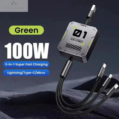 3-in-1 Retractable USB Cable with 60W Fast Charging for Type C, Lightning, and Micro USB Devices - Compatible with iPhone, Huawei, and Xiaomi 