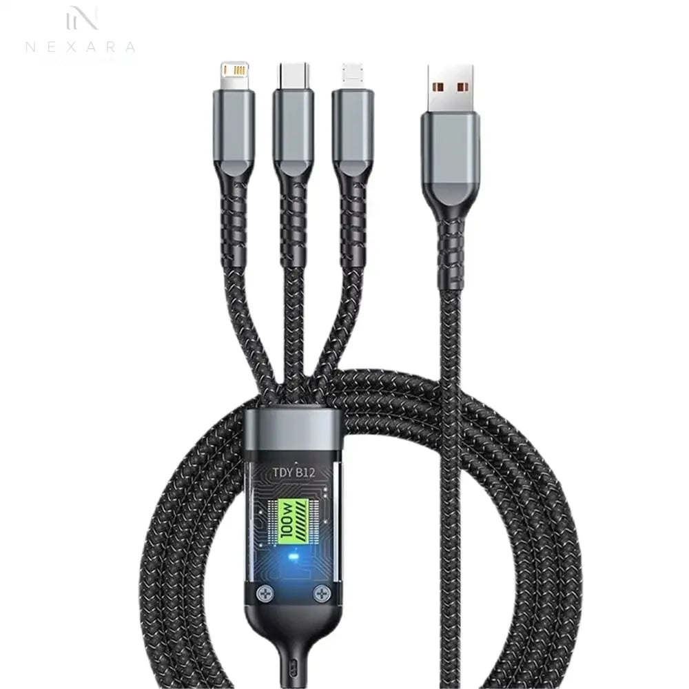 3-in-1 USB Fast Charging Cable - 100W USB A, Type-C, and Micro 