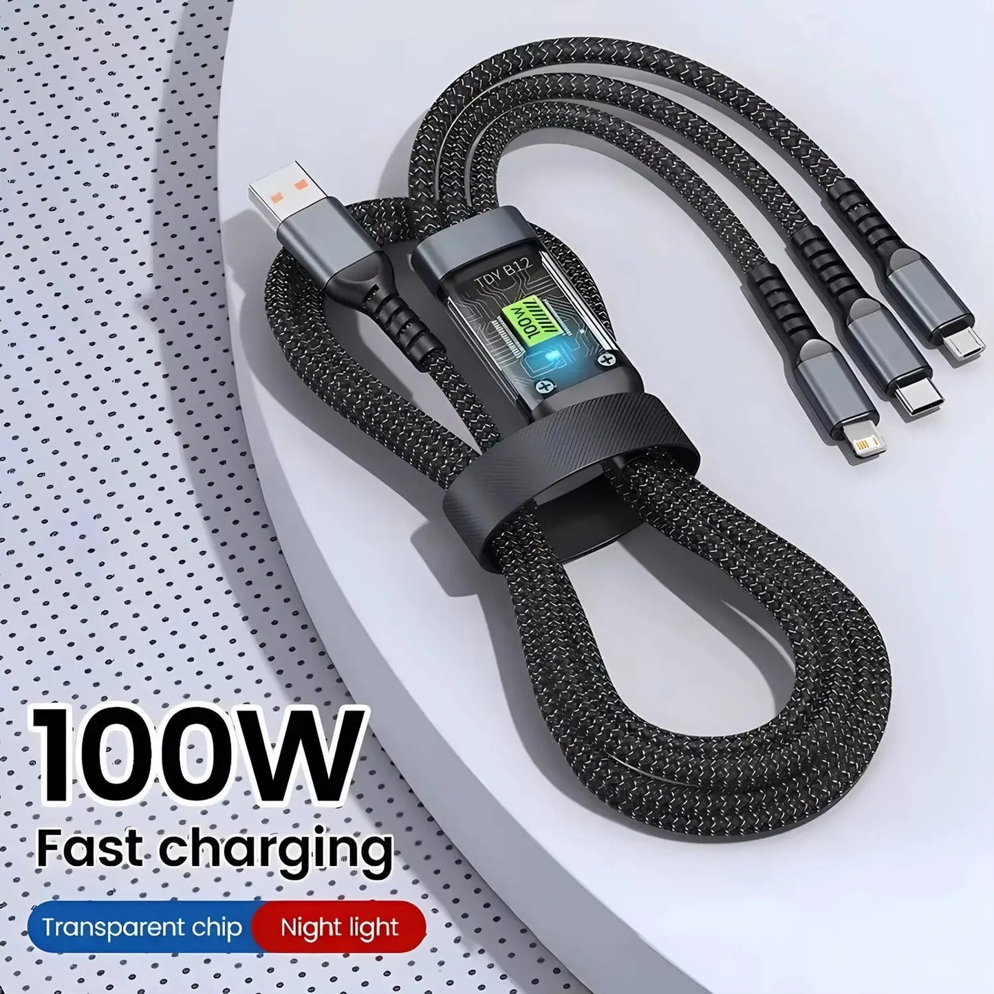 3-in-1 USB Fast Charging Cable - 100W USB A, Type-C, and Micro 