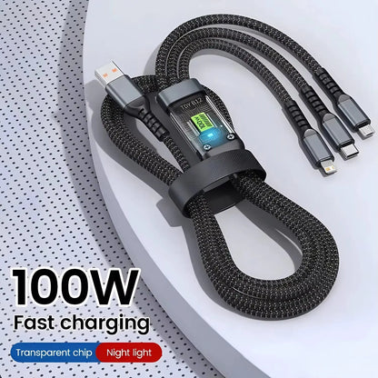 3-in-1 USB Fast Charging Cable - 100W USB A, Type-C, and Micro 