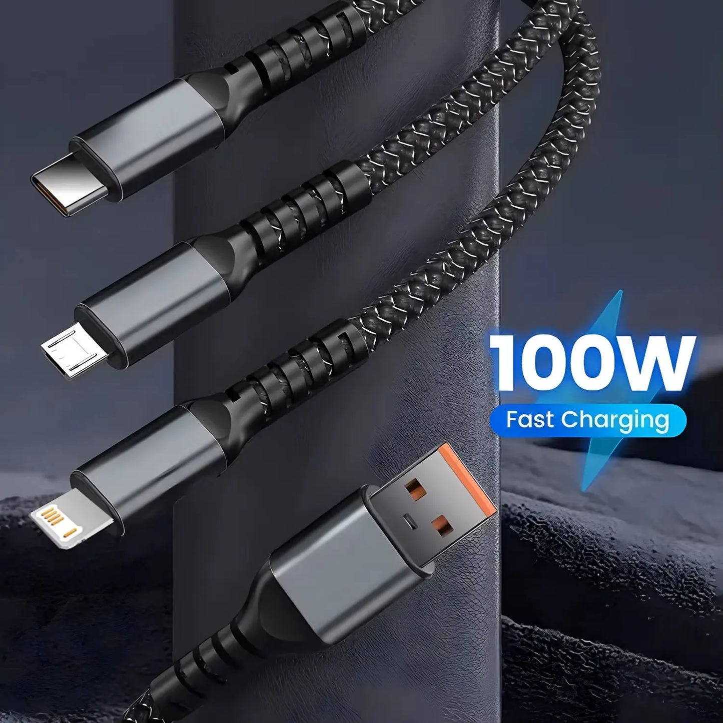 3-in-1 USB Fast Charging Cable - 100W USB A, Type-C, and Micro 