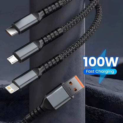 3-in-1 USB Fast Charging Cable - 100W USB A, Type-C, and Micro 