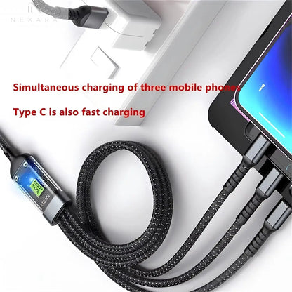 3-in-1 USB Fast Charging Cable - 100W USB A, Type-C, and Micro 