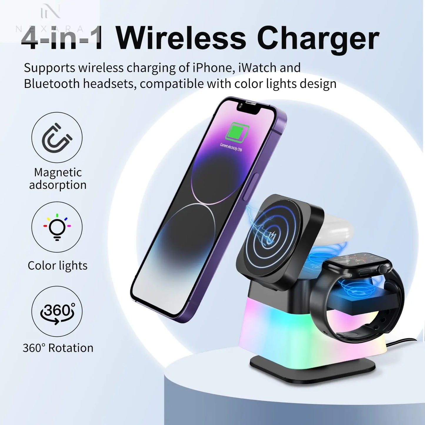 4-in-1 Rotatable Wireless Charger Stand with Colorful Lighting 