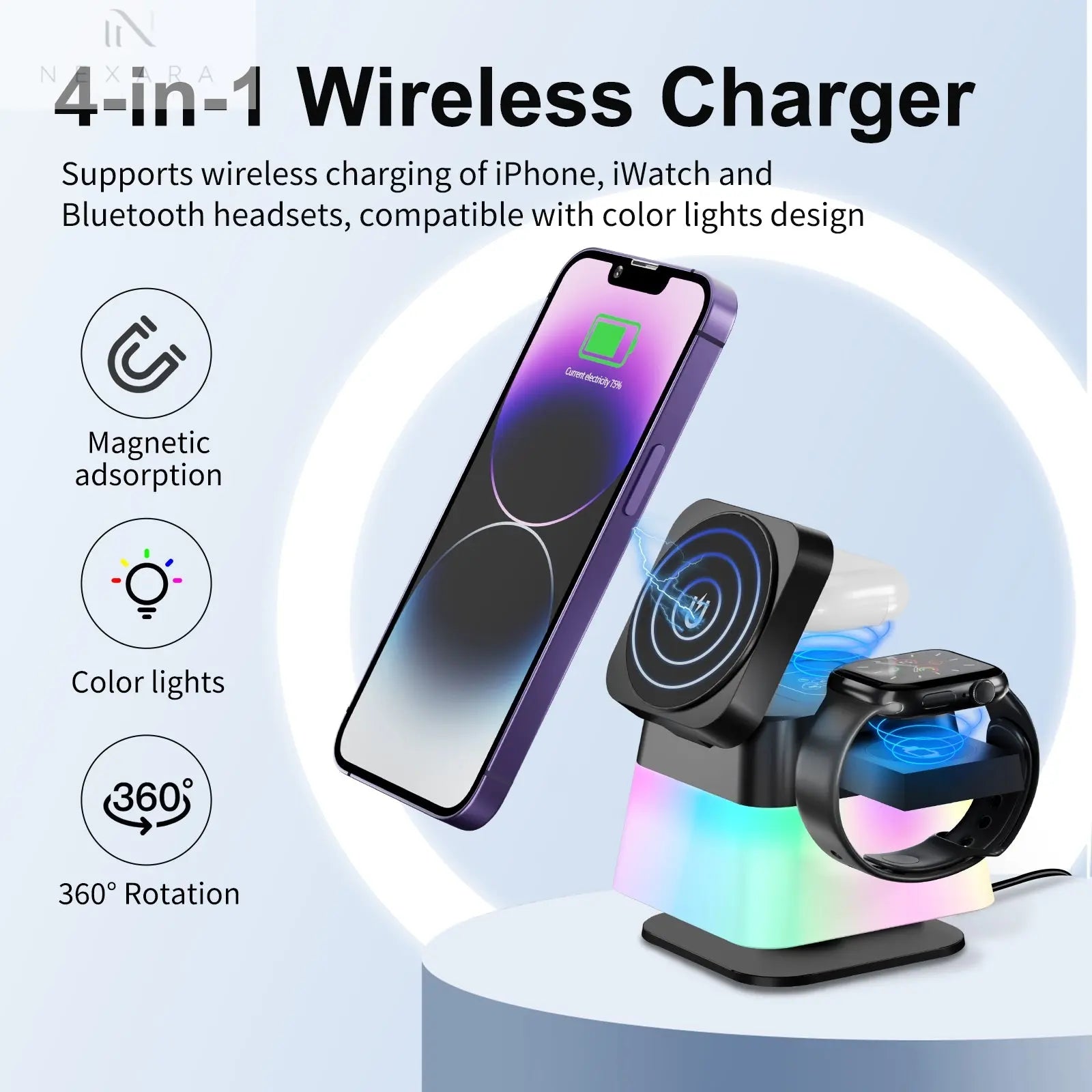 4-in-1 Rotatable Wireless Charger Stand with Colorful Lighting 
