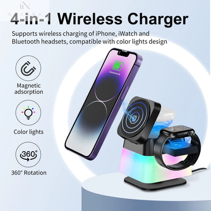 4-in-1 Rotatable Wireless Charger Stand with Colorful Lighting 