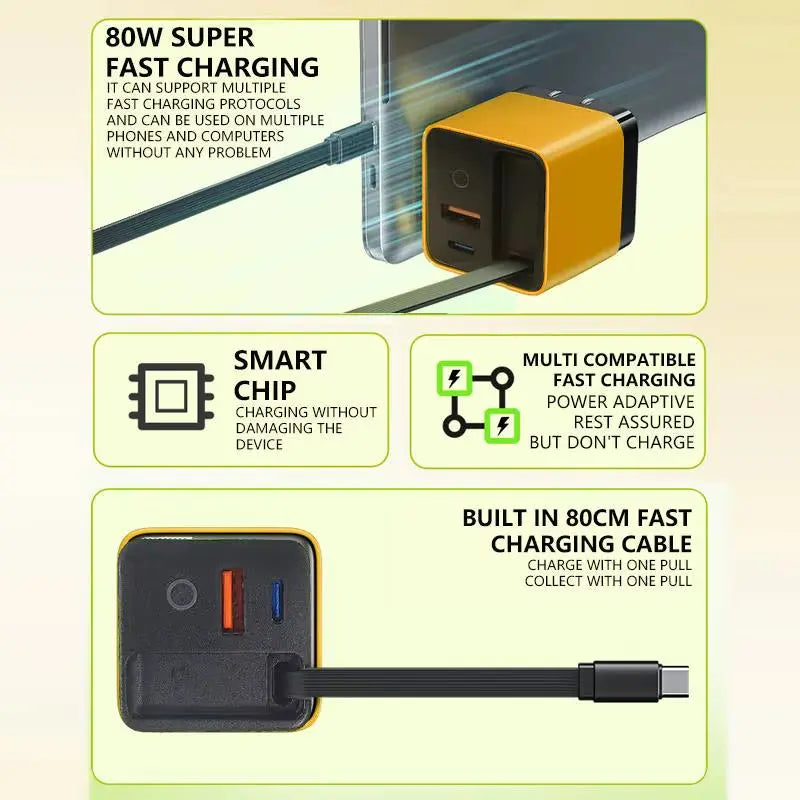 80W MAX GaN Fast Charger with Retractable Type-C Cable and Dual USB Ports 