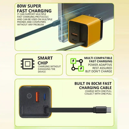 80W MAX GaN Fast Charger with Retractable Type-C Cable and Dual USB Ports 