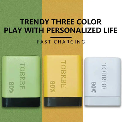 80W MAX GaN Fast Charger with Retractable Type-C Cable and Dual USB Ports 
