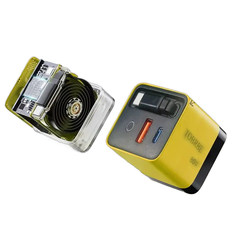 80W MAX GaN Fast Charger with Retractable Type-C Cable and Dual USB Ports 