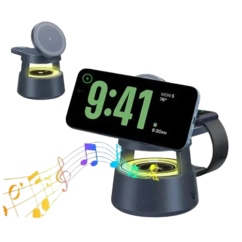 Magnetic 5-in-1 Wireless Charging Stand with LED Night Light and Bluetooth Speaker 