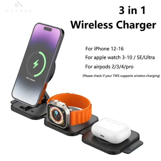 Premium Foldable 3-in-1 Magnetic Wireless Charger Station 