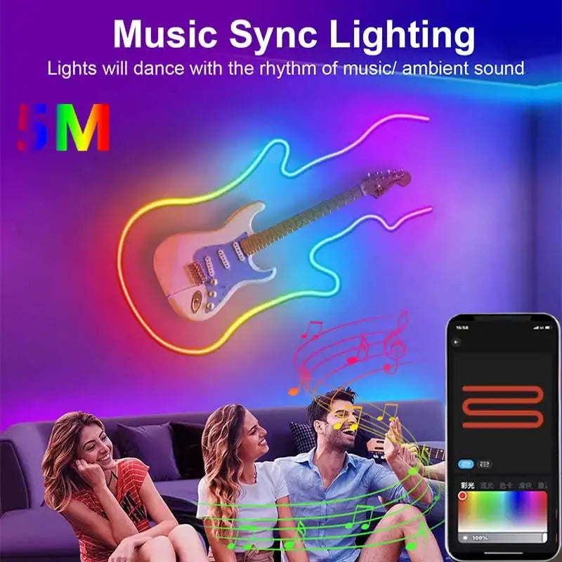 Bluetooth RGBIC Neon LED Strip Lights - Customizable Lengths (1M, 2M, 3M, 5M) 