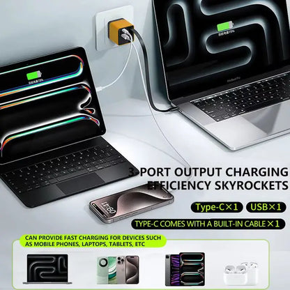 80W MAX GaN Fast Charger with Retractable Type-C Cable and Dual USB Ports 