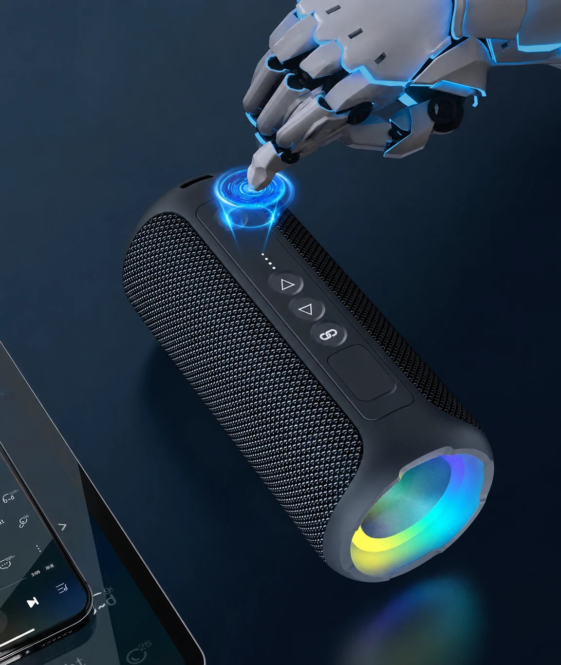 Hand pressing the top controls of the black portable speaker.