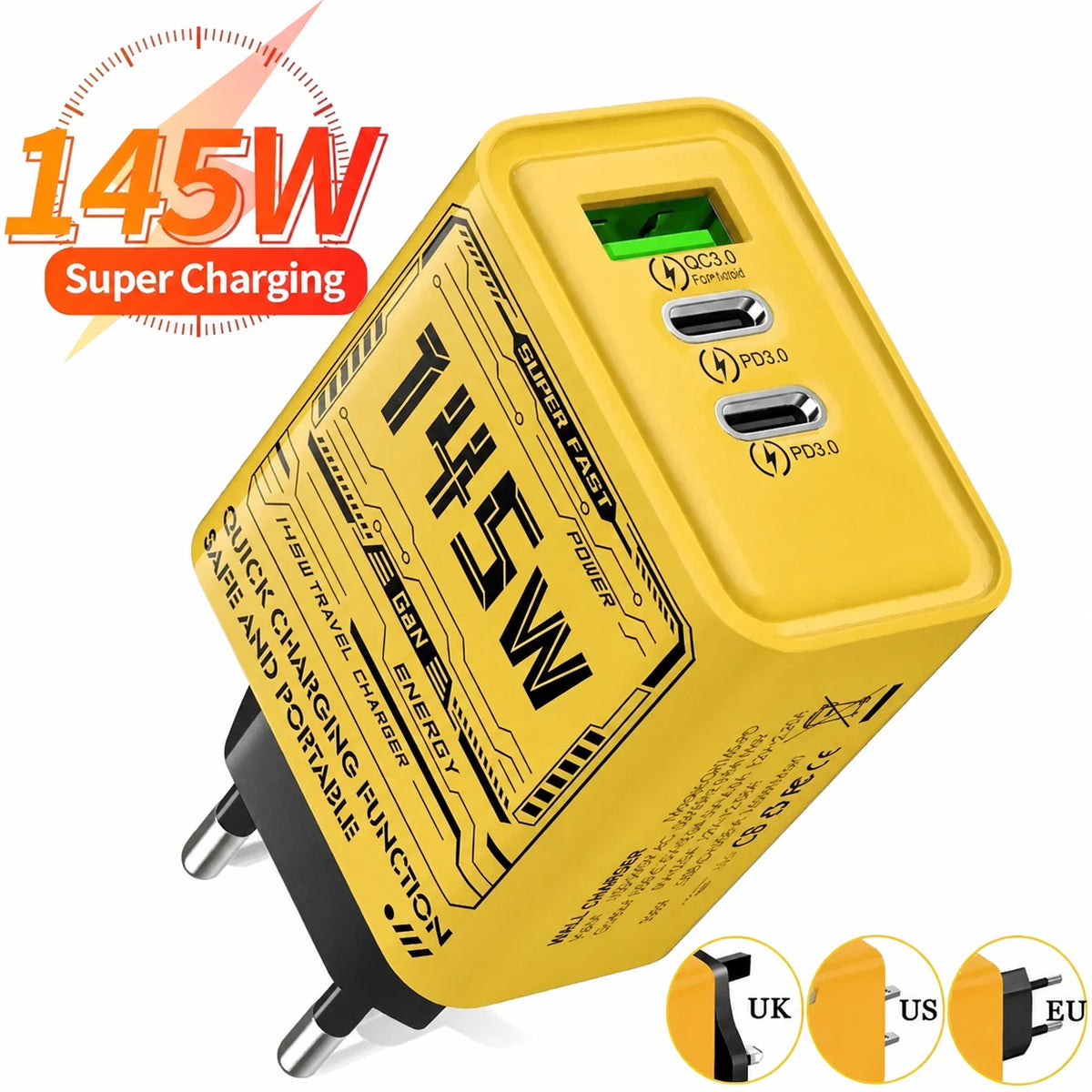 Yellow 145W charger shown with EU, US and UK plug options.