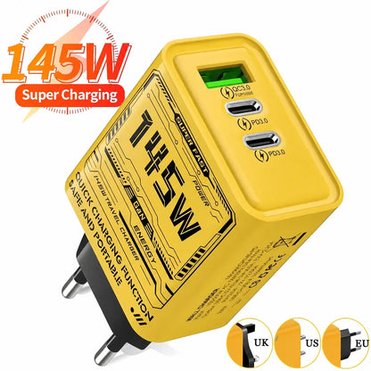 Yellow 145W charger shown with EU, US and UK plug options.