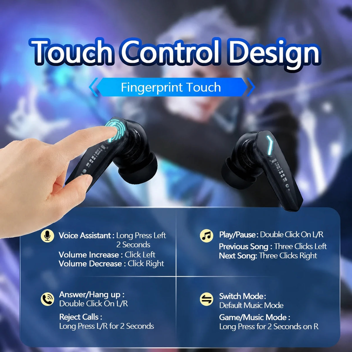 Touch-control diagram for black GM2 Pro earbuds.