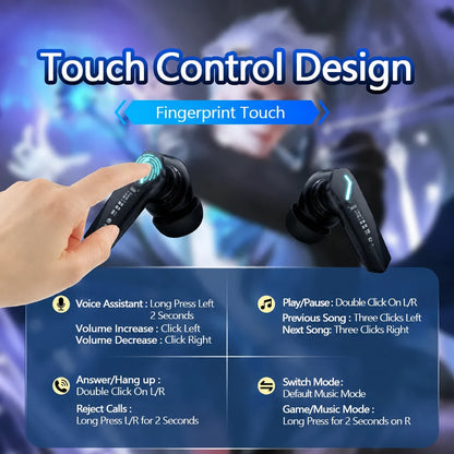 Touch-control diagram for black GM2 Pro earbuds.