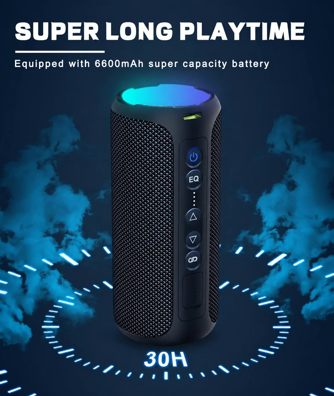 Upright black portable speaker with battery-playtime graphic.