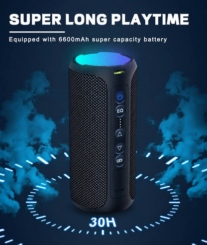 Upright black portable speaker with battery-playtime graphic.