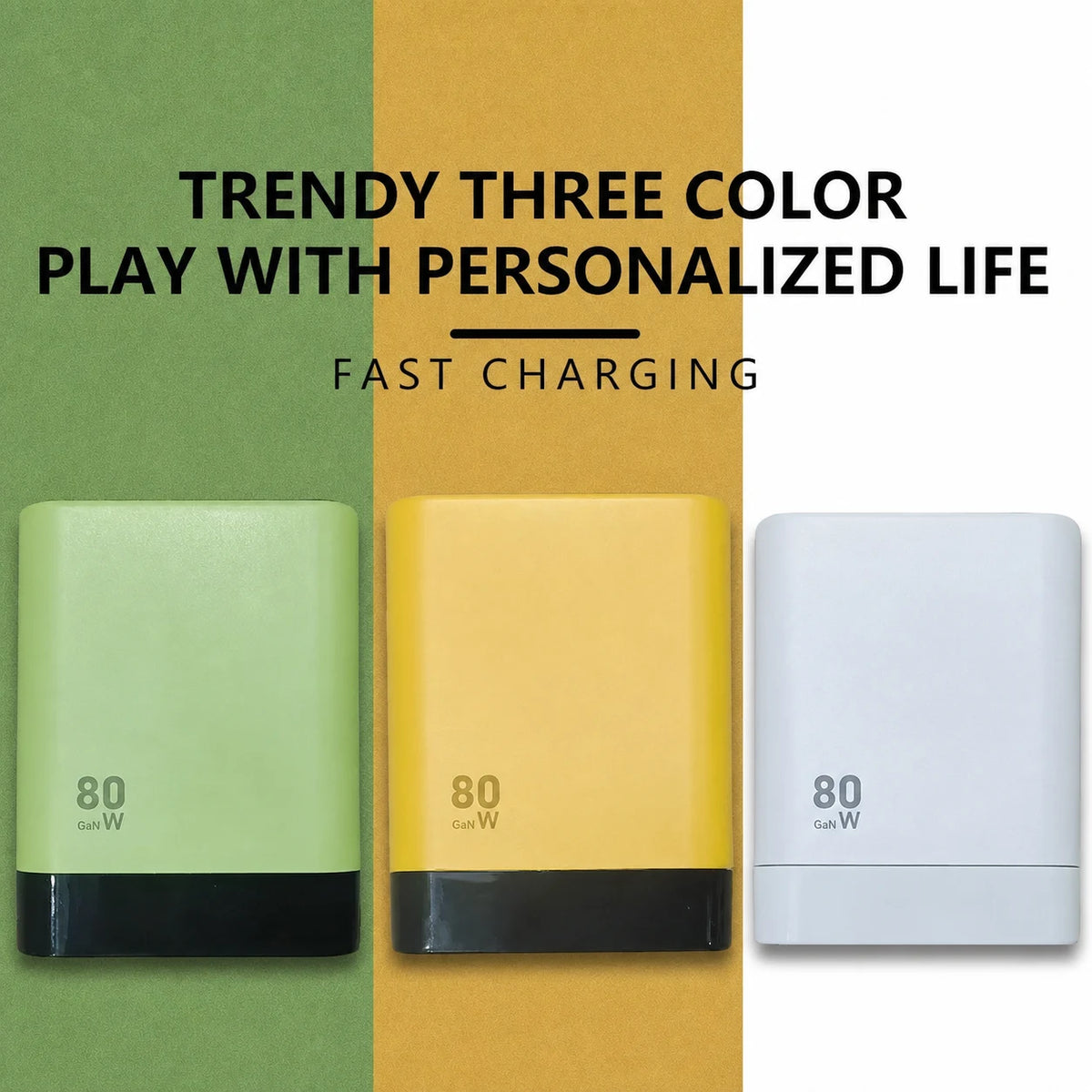 Yellow 80W GaN charger shown from the front.