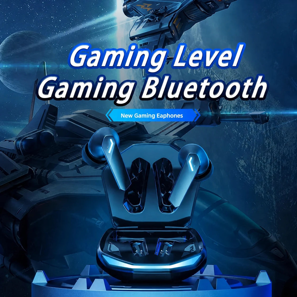 Black GM2 Pro earbuds and charging case in a gaming-themed scene.