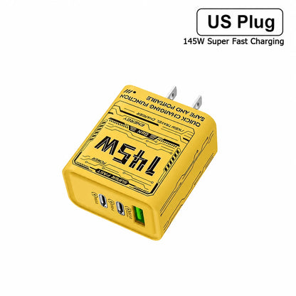 Yellow 145W triple-port GaN charger with US plug on white background.