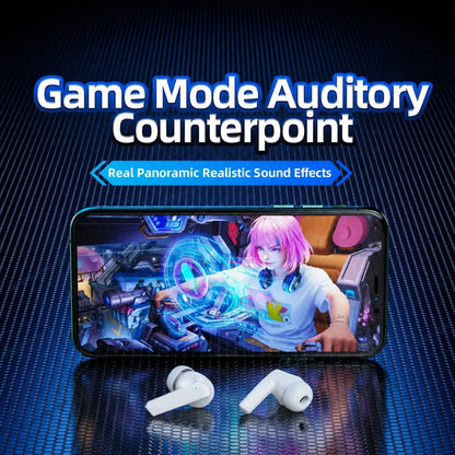 White GM2 Pro earbuds beside a phone displaying a game.