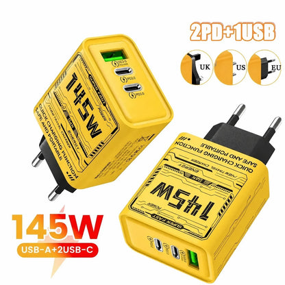 Yellow 145W triple-port charger showing two USB-C ports and one USB-A port.