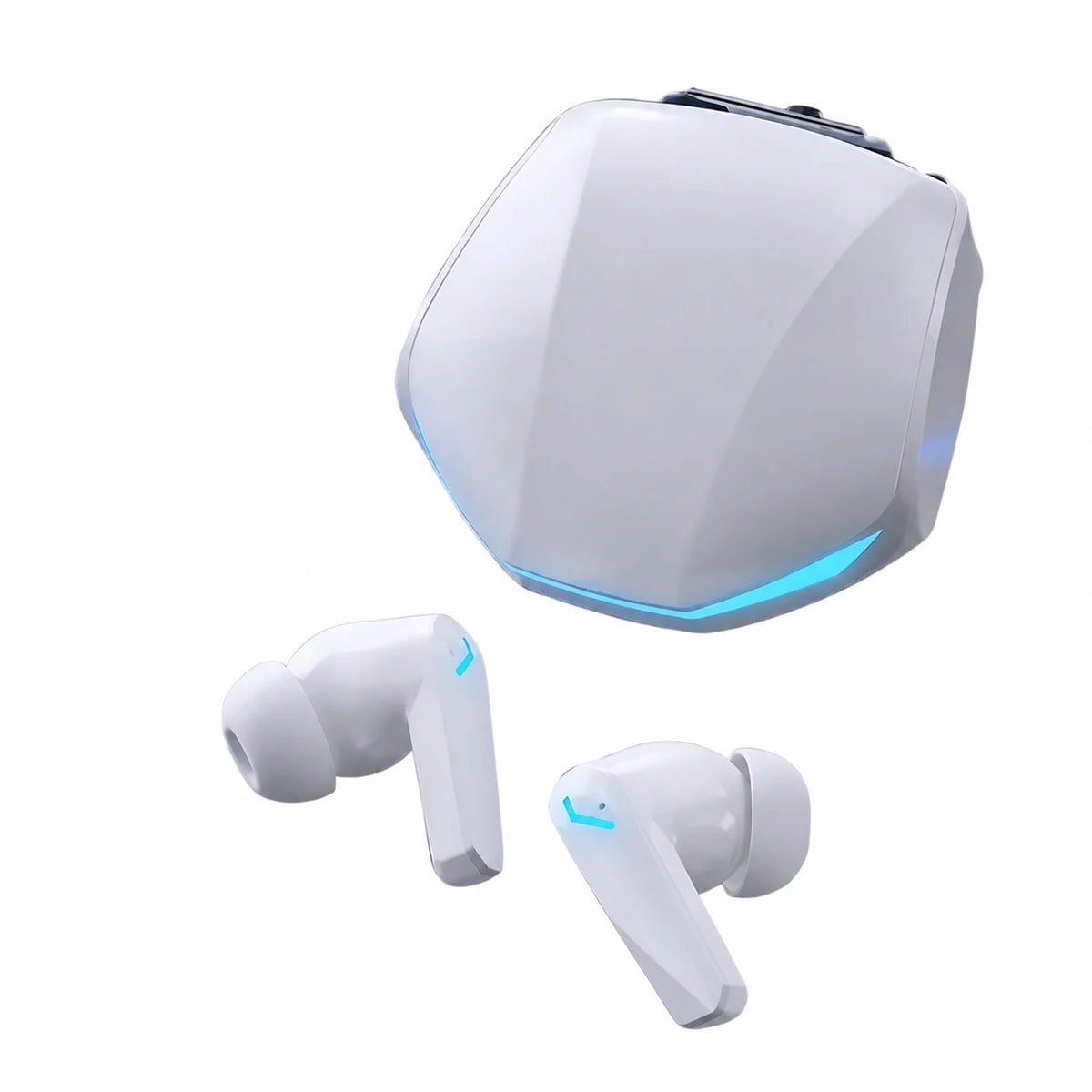 White GM2 Pro earbuds with illuminated charging case.
