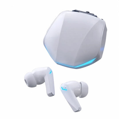 White GM2 Pro earbuds with illuminated charging case.
