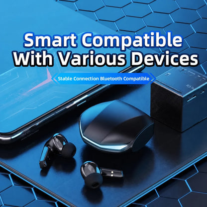 Black GM2 Pro earbuds shown with compatible mobile devices.