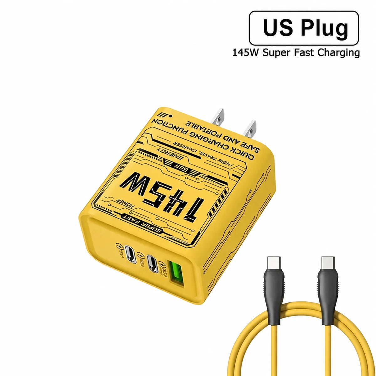 Yellow 145W charger with US plug and matching USB-C cable.