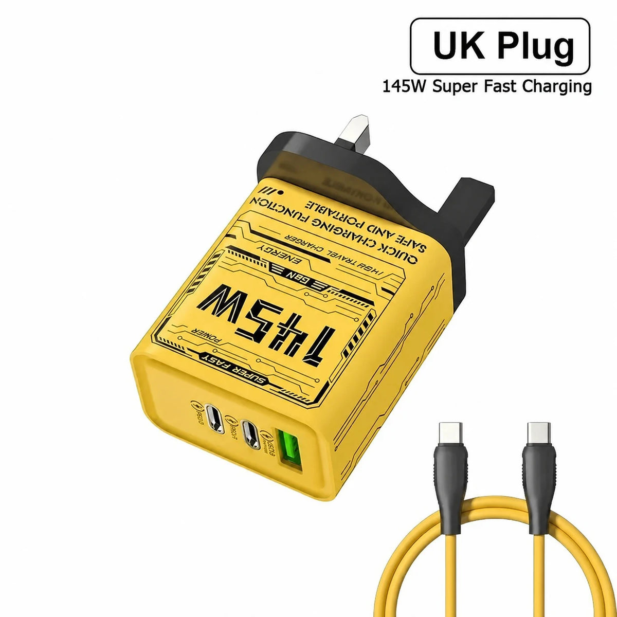 Yellow 145W charger with UK plug and matching USB-C cable.
